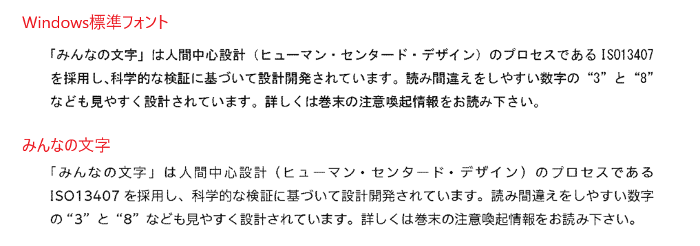 Windows標準フォントと「みんなの文字」で文章を比較